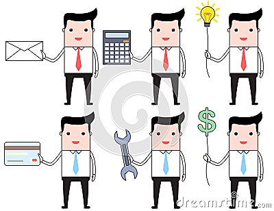 Set of cartoon businessmen carrying different objects Vector Illustration