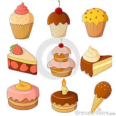 Set of cartoon cake isolated on white Vector Illustration