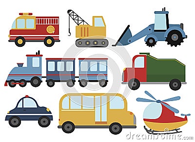 Set of cartoon cars. Collection of stylized cars for children. Working technique. Vector illustration of transport. Vector Illustration