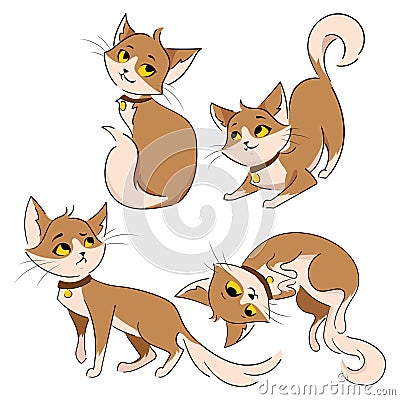 Set of cartoon cats. Collection of cute red cats. Pets with emotions. Playing animals. Illustration for children. Vector Illustration