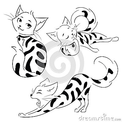 Set of cartoon cats. Collection of cute spotted kittens. Black and white drawing for children with playing cats. Linear Vector Illustration