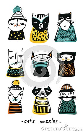 Set with cartoon cats muzzles. Hand drawn doodle kitty collection on white background. Colorful vector illustration. Vector Illustration