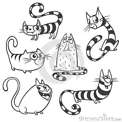 Set of cartoon cats. Outlined vector cats collection. Vector Illustration
