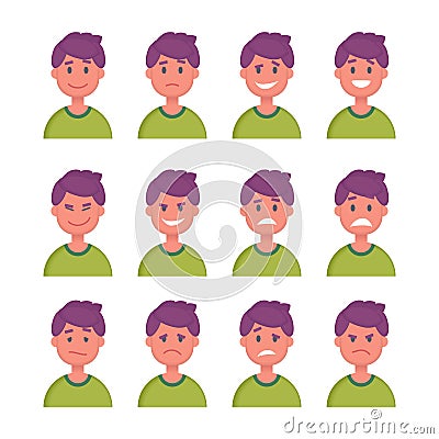 Set of Cartoon Character Faces with Different emotions. Vector Vector Illustration