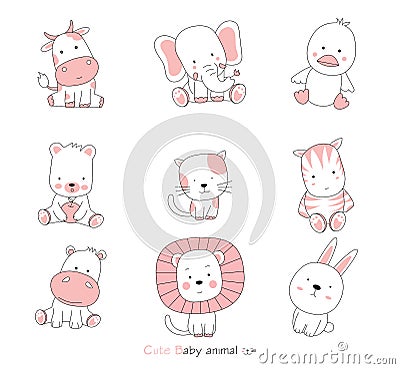 Set cartoon character the lovely baby animals on white background. Vector Illustration