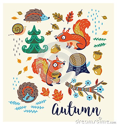 Set of cartoon characters and autumn elements Vector Illustration