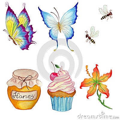 Set of cartoon characters. Butterflies, bees, flower, cupcake and honey. Vector Illustration