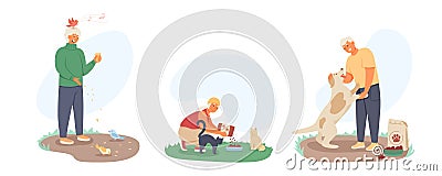 Set of cartoon characters of old people spending time with pets Vector Illustration