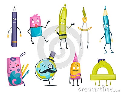 Set of cartoon characters of school supply items with happy faces. Back to school funny smileys. Vector objects isolated Vector Illustration