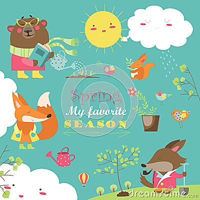 Set of cartoon characters and spring elements Vector Illustration