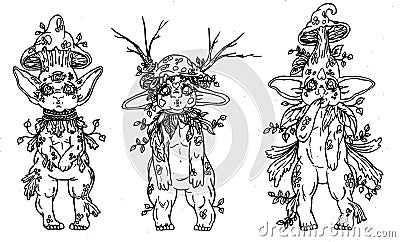 Set of cartoon characters, three fairytale creatures, cute forest mushrooms with big ears and eyes Vector Illustration