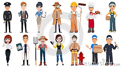 Set of cartoon characters with various occupations. Vector Illustration