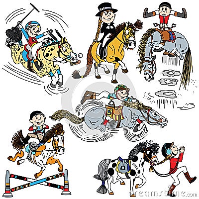 Set of cartoon child riding a horse Vector Illustration