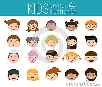 Set of cartoon children head, cartoon child face icon,kid face, kids and different nationalities Vector Illustration