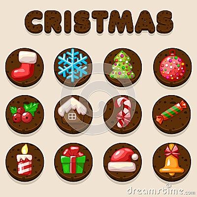 Set Cartoon Christmas Chocolate biskvit cookies, food icons Vector Illustration