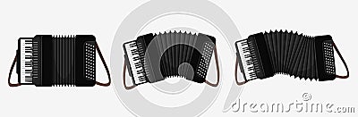 Set of cartoon classical accordion musical instrument with button and keyboard isolated on white Vector Illustration