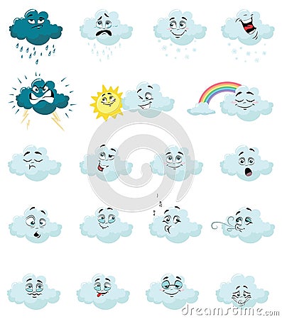 Set of cartoon clouds with emotions. Collection of cute clouds with faces. A vector illustration for the weather Vector Illustration