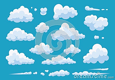 Set of cartoon clouds isolated on blue background. Vector collection white cloud illustration. Blue cloudy sky. Vector Illustration