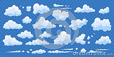 Set of cartoon clouds isolated on blue transparent background. Vector collection white cloud illustration. Blue cloudy Vector Illustration