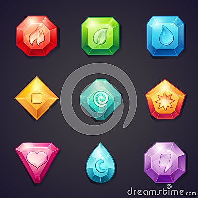 Set of cartoon colored stones with different signs element for use in the game, three in a row Vector Illustration