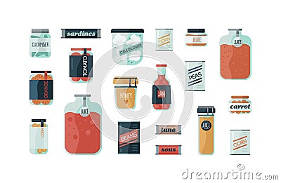 Set of cartoon colorful cans of glass with homemade preserves vector flat illustration. Collection of different types of Vector Illustration