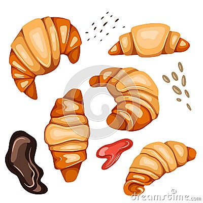 Set of cartoon croissants and various types of topping. Nut, sesame seeds, chocolate and syrup. French pastries. Bun for breakfast Vector Illustration