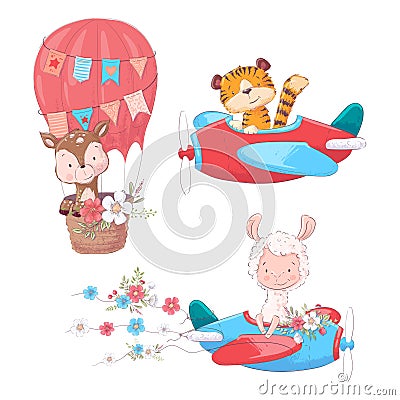 Set cartoon cute animals tiger deer and llama on an airplane and balloon kids clipart. Vector Illustration