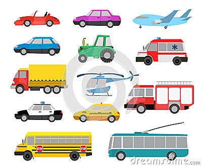 Set of cartoon cute cars and vehicles Vector Illustration