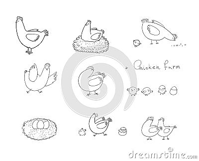 Set with cartoon cute chicken, nest and eggs. Farm animals Vector Illustration