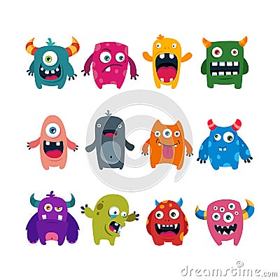 Set of cartoon cute monsters. flat vector illustration Vector Illustration