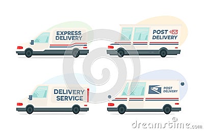 Set of cartoon delivery post car. Vector courier and shipping symbol. Vector auto, trailer and van design template Vector Illustration