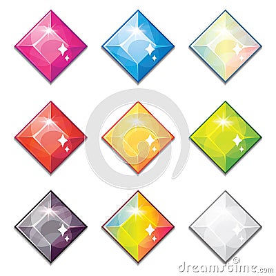 Set of cartoon different color crystals, gemstones, diamonds vector gui assets collection for game design. Vector Illustration