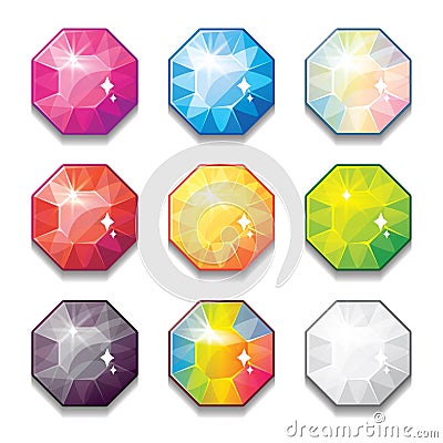 Set of cartoon different color crystals, gemstones,diamonds vector gui assets collection for game design. Vector Illustration