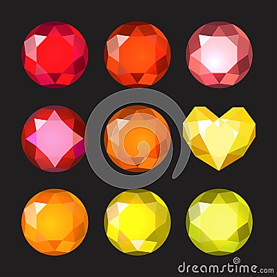 Set of cartoon different color crystals, gemstones, gems, diamonds vector. Vector image on black background. Vector Illustration