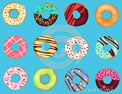 Set of cartoon doughnuts donut cake isolated on bright blue background. Pastry donuts menu. Vector Illustration