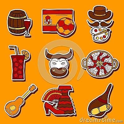 Set of cartoon drawn stickers on Spain theme: flag Vector Illustration