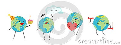 Set of cartoon earth planet: in love with heart, celebrate birthday, with cloud, in sport training Vector Illustration