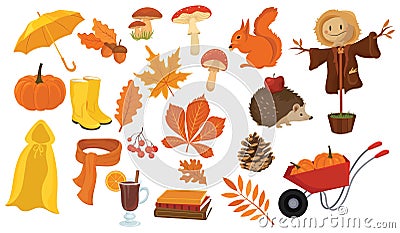 Set of cartoon elements of autumn. Collection of autumn attributes. Vector illustration for kids. Vector Illustration
