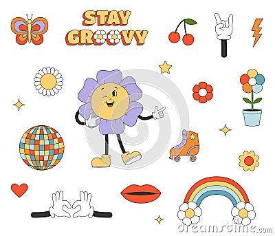 Set of cartoon elements in y2k groovy style. Flowers, roller skate, lips, rainbow. Sticker pack in trendy retro style. Vector Illustration