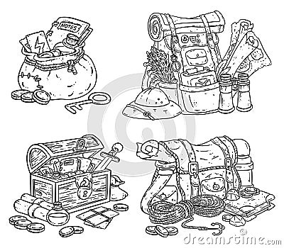 Set of cartoon explorer chast and bags illustrationx for coloring. Fantasy coloring pages chest with adventure items. Treasure Vector Illustration