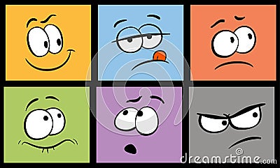 Set of cartoon face expression. Comic face expressions. Funny expressive faces with different emotions: joy, fear Vector Illustration