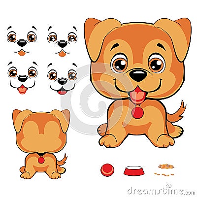 Set of cartoon faces with black dog nose and different expressions Vector Illustration