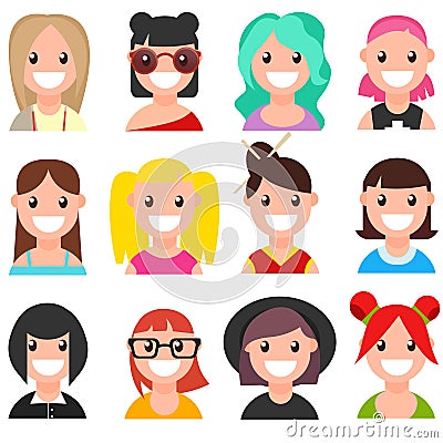 Set of cartoon faces. Girls. Part 1 Vector Illustration