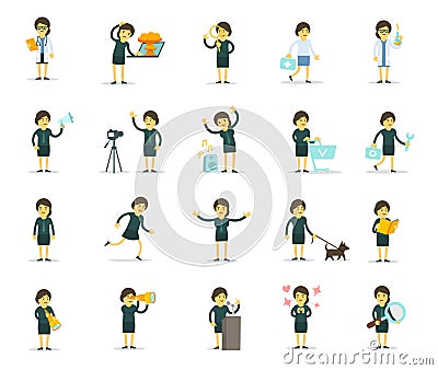 Set cartoon female. Search and dialogues. Working woman. Big set character. Woman bundle. Collection illustrations. Different Cartoon Illustration