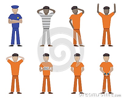 set of cartoon flat male characters prisoners, prison, bandits, jailers, policemen.African Americans and Europeans.flat cartoon Vector Illustration