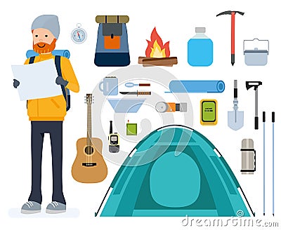 Set of cartoon flat vector icons. Tourism, tent, climbing, mountaineering, overnight, adventure. Vector Illustration