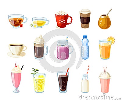 Set of cartoon food: non-alcoholic beverages Vector Illustration