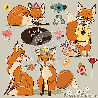 Set with Cartoon Fox Vector Illustration