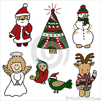 Set of cartoon funny new year and christmas characters isolated on white background. Green-brown-red clipart images of Santa Claus Vector Illustration