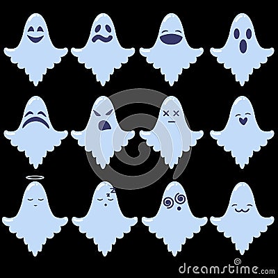 Set of cartoon ghosts Halloween emoji Vector Illustration